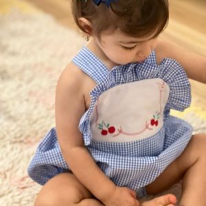 Proper Peony Baby Girls Bubble - Blue Gingham - Celeste Cherry size 18 months